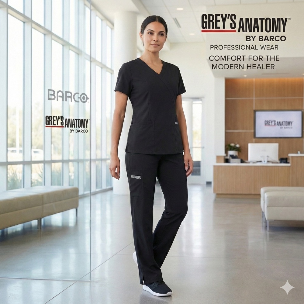 Grey's Anatomy Barco Scrub Set Mock Wrap Top Drawstring Pant Black XL